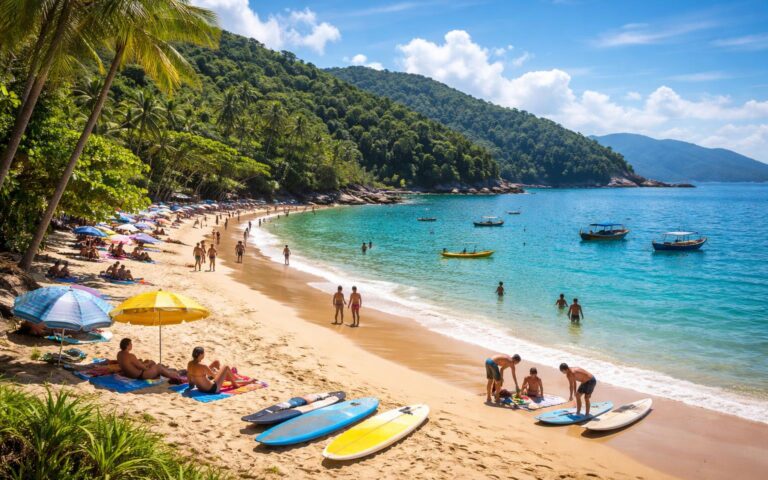 Praia de Ubatuba com turistas aproveitando o sol, ondas suaves, vegetação tropical e barcos no mar ao fundo.