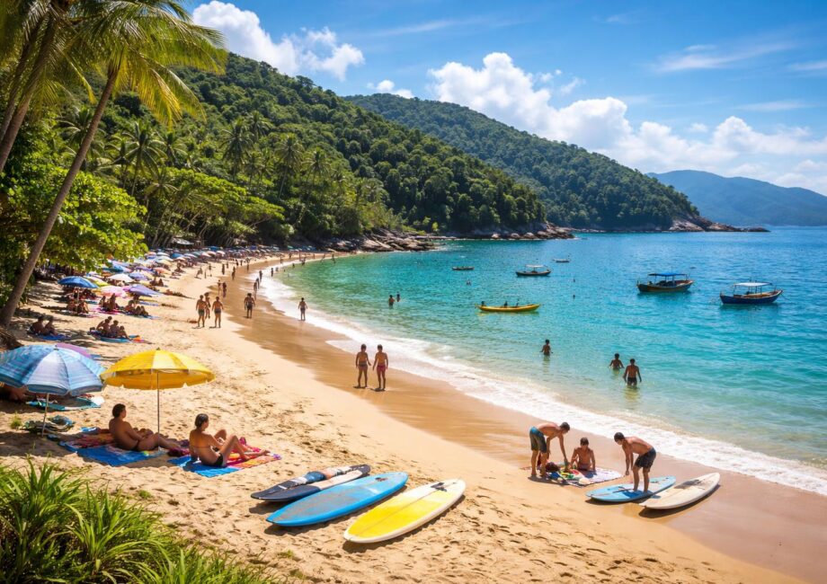 Praia de Ubatuba com turistas aproveitando o sol, ondas suaves, vegetação tropical e barcos no mar ao fundo.