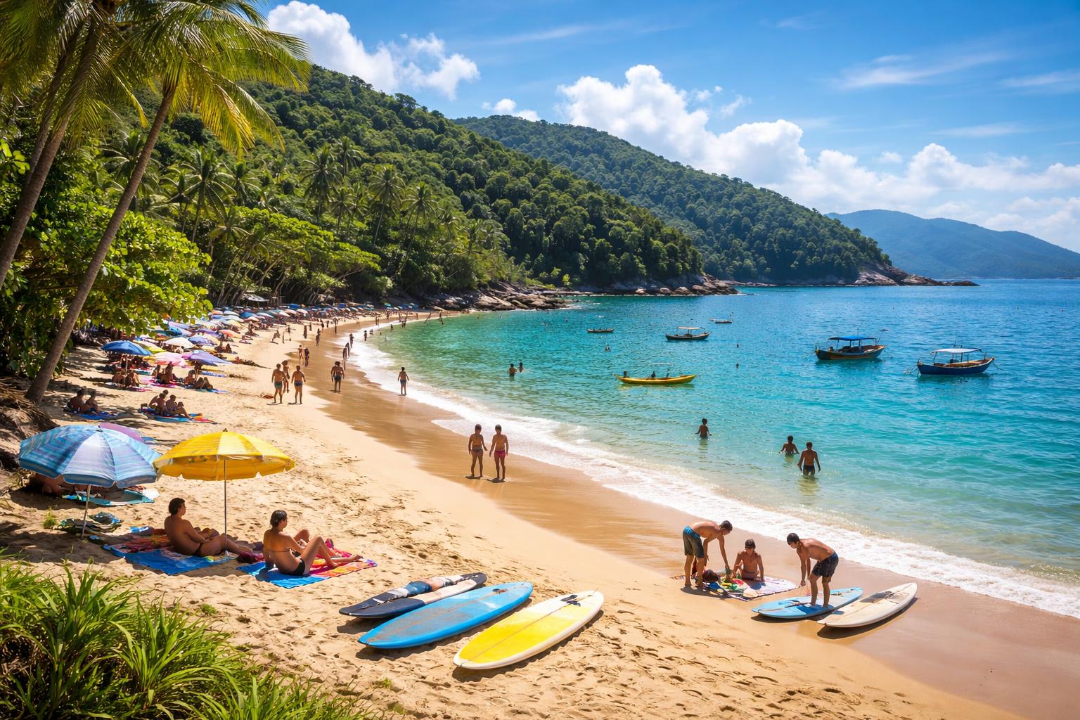Praia de Ubatuba com turistas aproveitando o sol, ondas suaves, vegetação tropical e barcos no mar ao fundo.