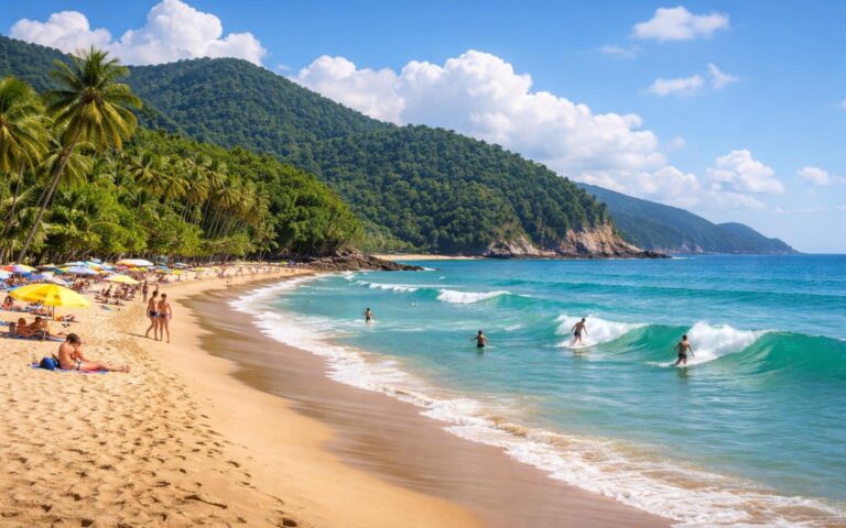 Praia de Maresias com areia dourada, ondas do mar, pessoas surfando e caminhando, vegetação tropical e céu azul com poucas nuvens.