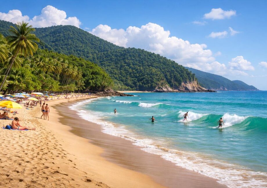 Praia de Maresias com areia dourada, ondas do mar, pessoas surfando e caminhando, vegetação tropical e céu azul com poucas nuvens.