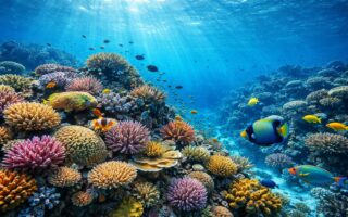 Cena subaquática da Grande Barreira de Corais com corais coloridos e peixes tropicais nadando em água cristalina.