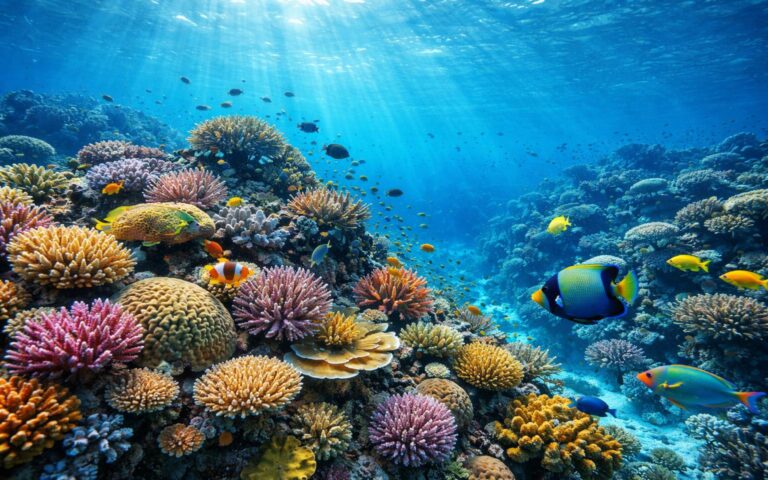 Cena subaquática da Grande Barreira de Corais com corais coloridos e peixes tropicais nadando em água cristalina.