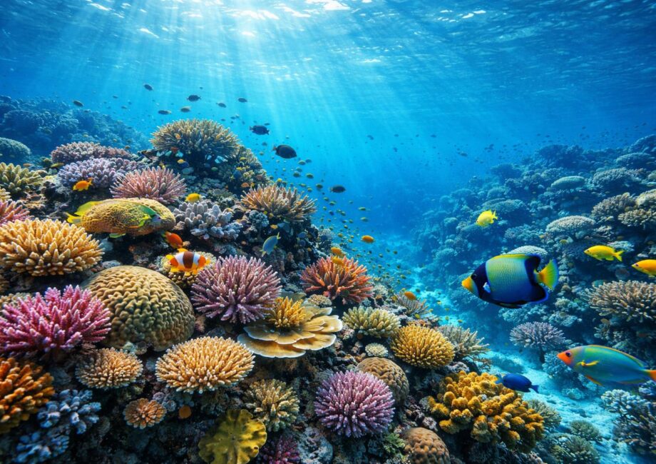 Cena subaquática da Grande Barreira de Corais com corais coloridos e peixes tropicais nadando em água cristalina.