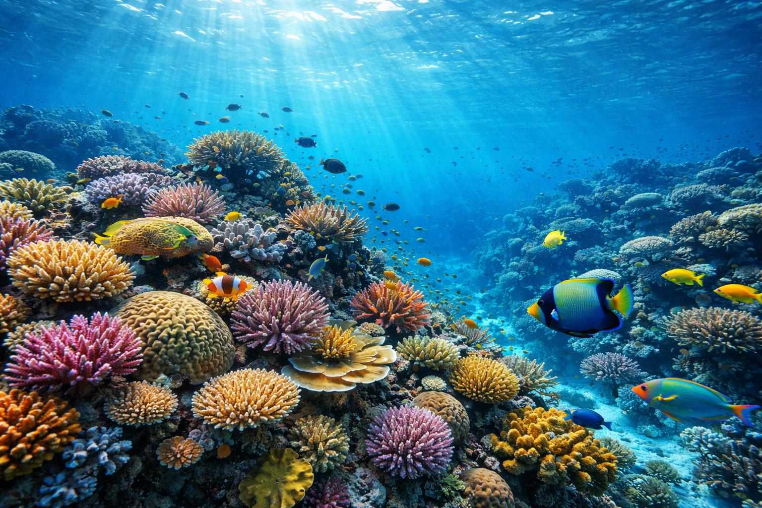 Cena subaquática da Grande Barreira de Corais com corais coloridos e peixes tropicais nadando em água cristalina.
