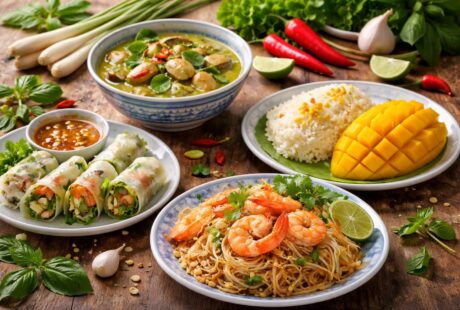 Mesa com pratos tradicionais da comida típica da Tailândia, incluindo Pad Thai, curry verde, rolinhos primavera e sobremesa de manga com arroz pegajoso, acompanhados por ingredientes frescos.