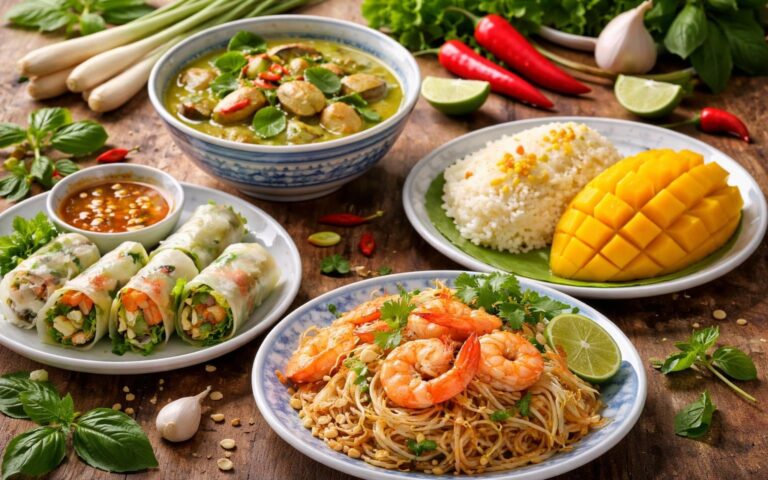 Mesa com pratos tradicionais da comida típica da Tailândia, incluindo Pad Thai, curry verde, rolinhos primavera e sobremesa de manga com arroz pegajoso, acompanhados por ingredientes frescos.