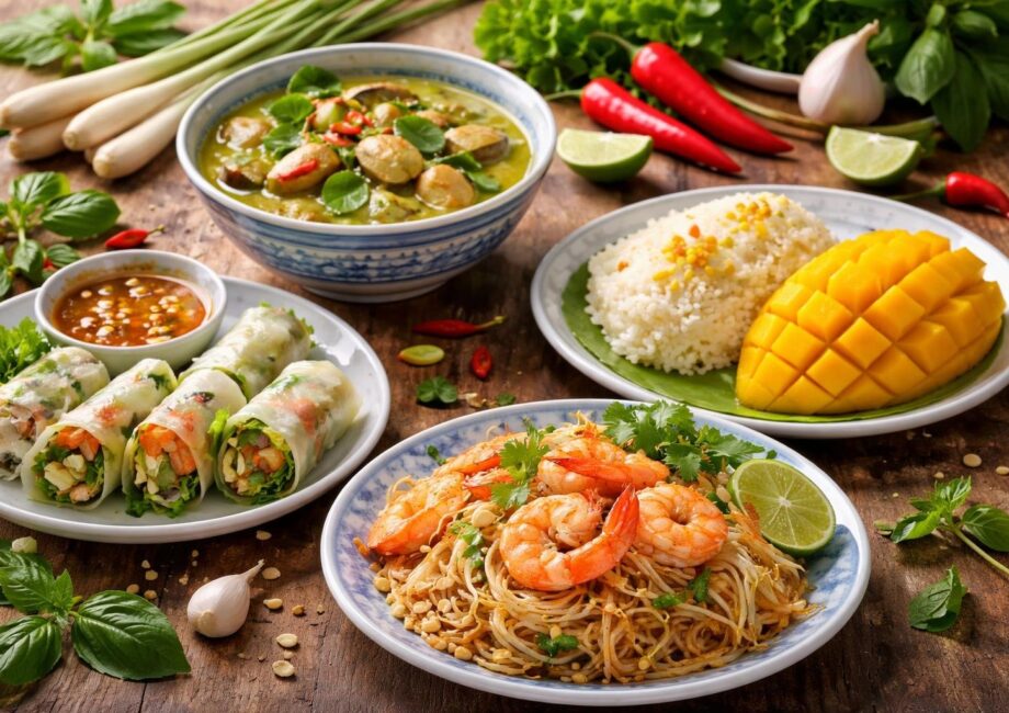 Mesa com pratos tradicionais da comida típica da Tailândia, incluindo Pad Thai, curry verde, rolinhos primavera e sobremesa de manga com arroz pegajoso, acompanhados por ingredientes frescos.