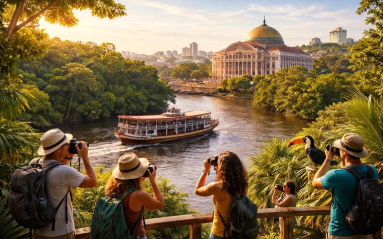 Vista do rio Amazonas com barco tradicional, floresta tropical ao redor e o Teatro Amazonas ao fundo, turistas explorando a natureza.