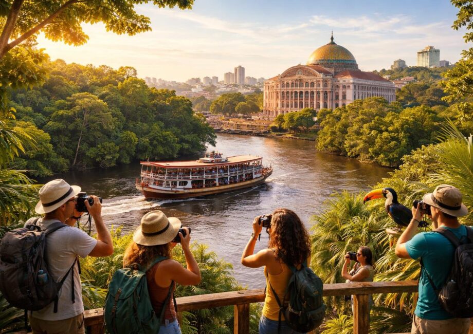 Vista do rio Amazonas com barco tradicional, floresta tropical ao redor e o Teatro Amazonas ao fundo, turistas explorando a natureza.