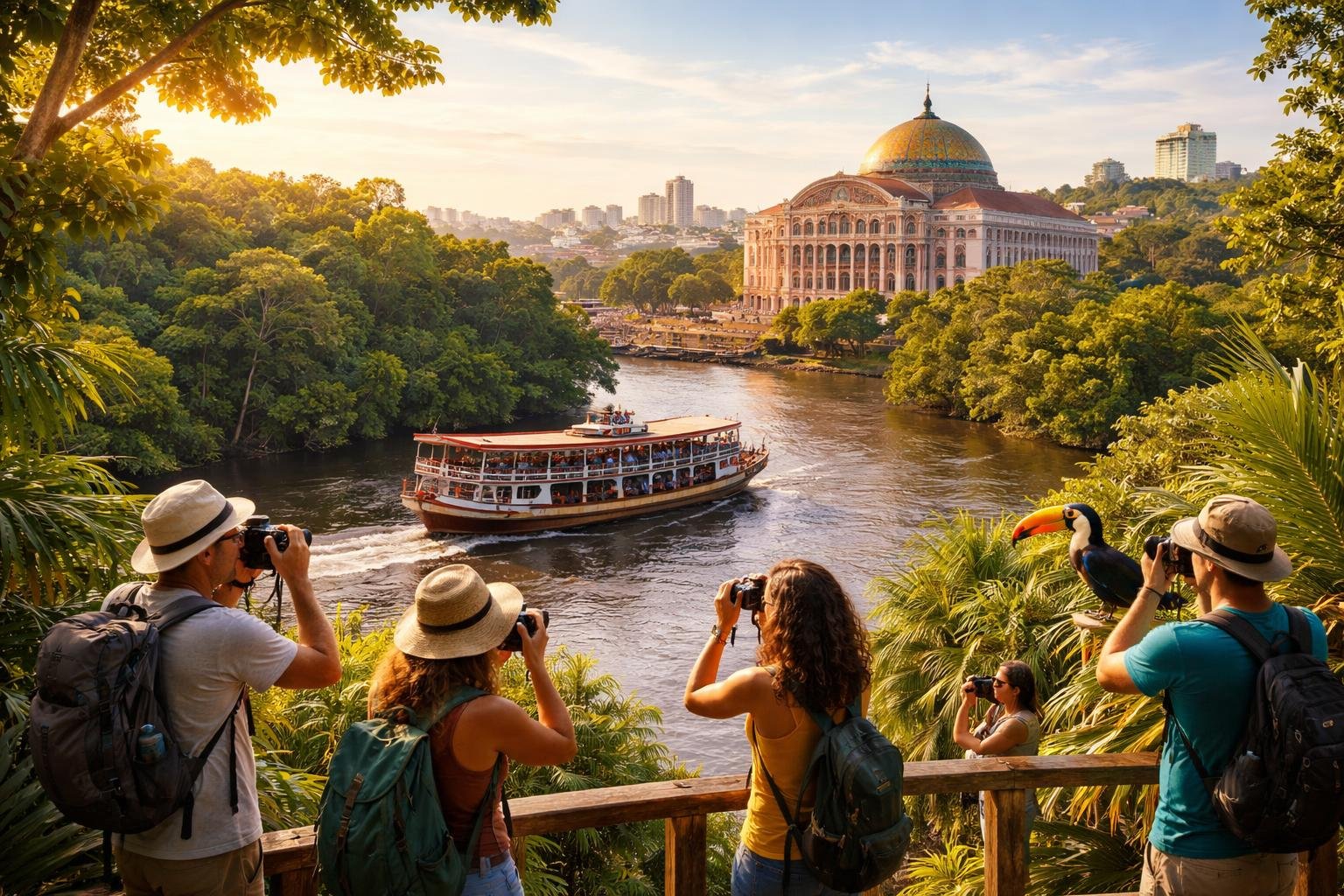Vista do rio Amazonas com barco tradicional, floresta tropical ao redor e o Teatro Amazonas ao fundo, turistas explorando a natureza.
