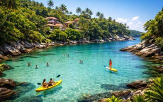 Lagoa azul turquesa cercada por vegetação tropical e penhascos com pessoas nadando e praticando esportes aquáticos, casas ao fundo entre palmeiras.