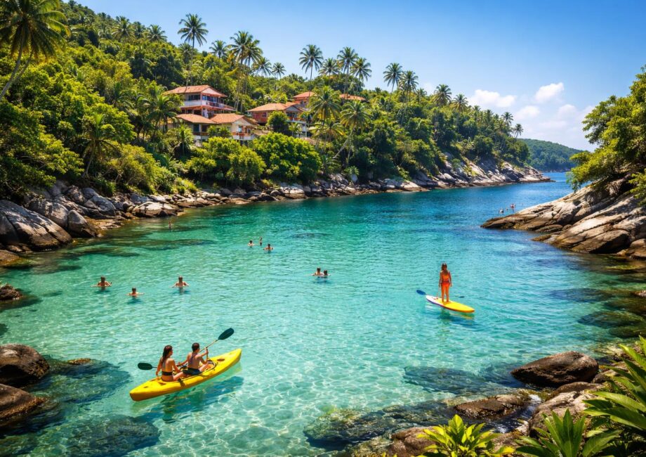 Lagoa azul turquesa cercada por vegetação tropical e penhascos com pessoas nadando e praticando esportes aquáticos, casas ao fundo entre palmeiras.