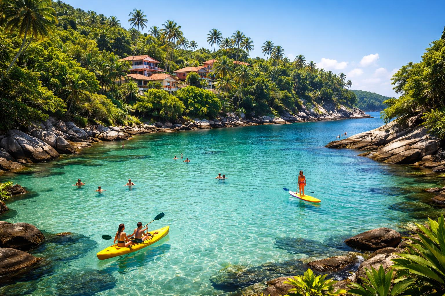 Lagoa azul turquesa cercada por vegetação tropical e penhascos com pessoas nadando e praticando esportes aquáticos, casas ao fundo entre palmeiras.
