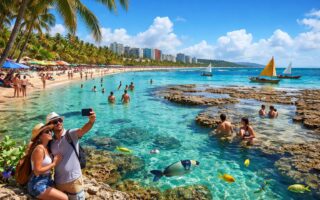 Turistas aproveitando a praia com águas claras, coqueiros e barcos coloridos em Maceió durante um dia ensolarado.