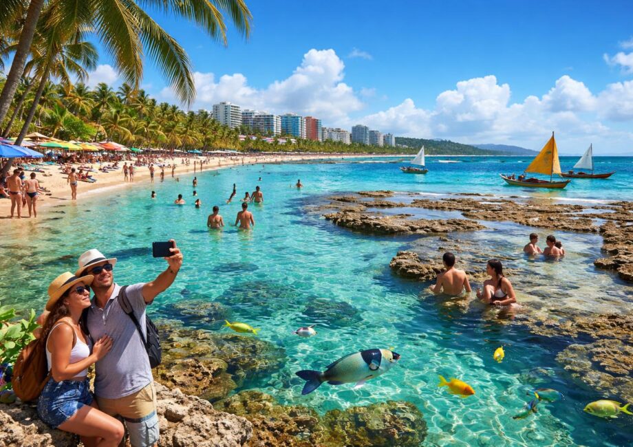Turistas aproveitando a praia com águas claras, coqueiros e barcos coloridos em Maceió durante um dia ensolarado.