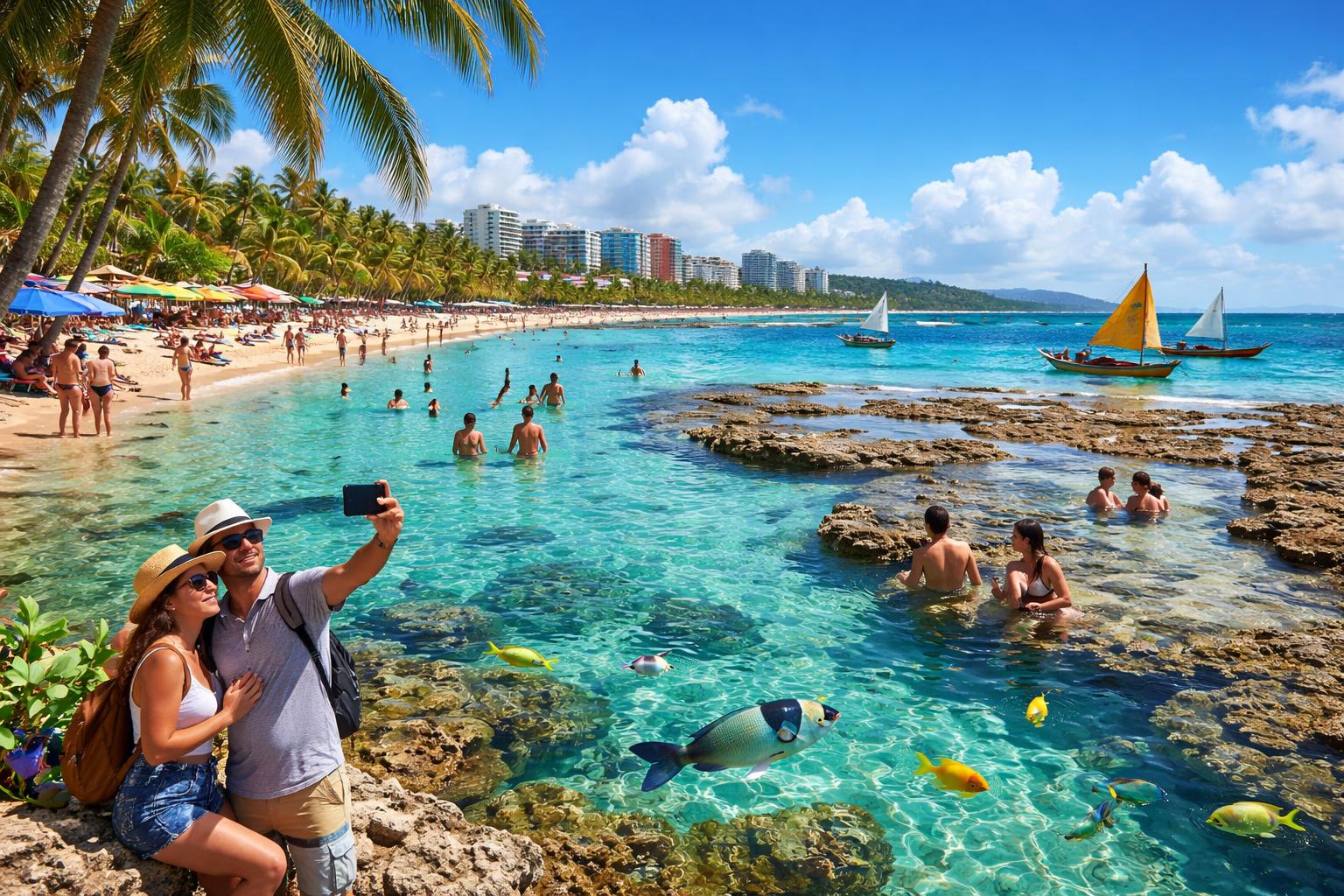 Turistas aproveitando a praia com águas claras, coqueiros e barcos coloridos em Maceió durante um dia ensolarado.