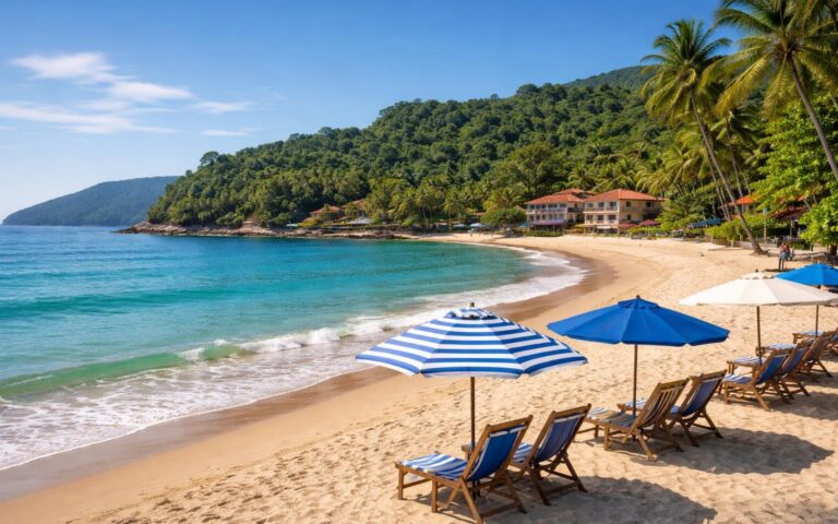 Praia de Ubatuba com cadeiras de praia, guarda-sóis, vegetação tropical e hotéis à beira-mar sob céu azul.