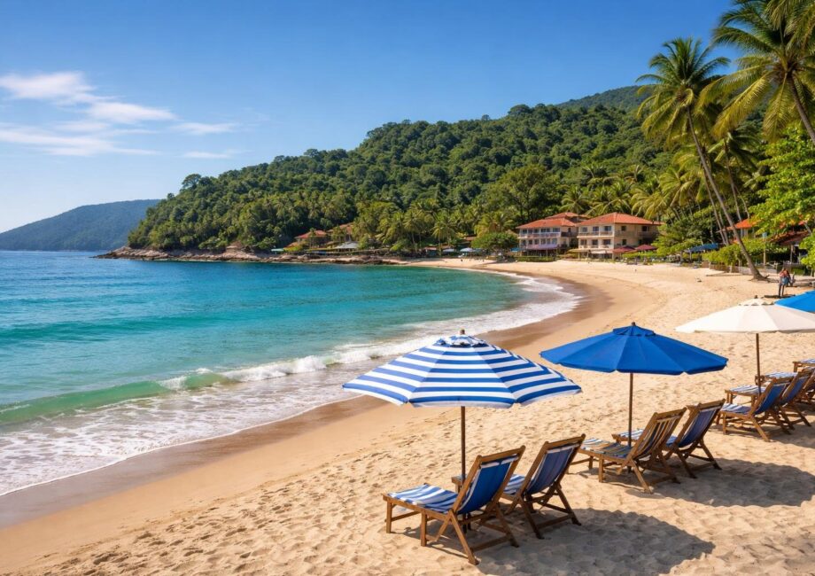 Praia de Ubatuba com cadeiras de praia, guarda-sóis, vegetação tropical e hotéis à beira-mar sob céu azul.