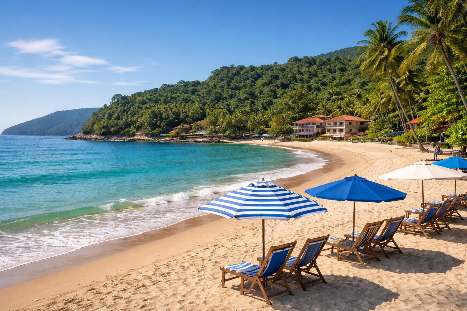 Praia de Ubatuba com cadeiras de praia, guarda-sóis, vegetação tropical e hotéis à beira-mar sob céu azul.