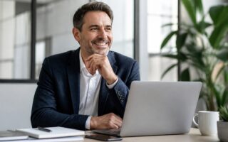Homem de meia-idade sentado em uma mesa de escritório moderna, com laptop e plantas ao fundo.