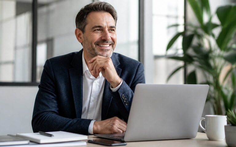 Homem de meia-idade sentado em uma mesa de escritório moderna, com laptop e plantas ao fundo.