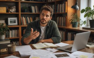 Homem pensativo sentado em uma mesa de madeira em um escritório aconchegante, cercado por papéis, laptop e uma xícara de café, refletindo sobre uma história complexa.