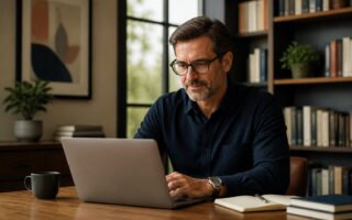 Homem de meia-idade sentado em uma mesa de escritório, olhando para um laptop com livros e plantas ao redor.
