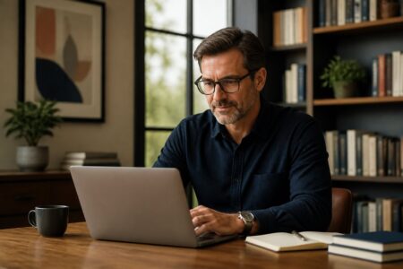Homem de meia-idade sentado em uma mesa de escritório, olhando para um laptop com livros e plantas ao redor.