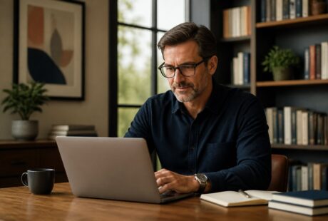 Homem de meia-idade sentado em uma mesa de escritório, olhando para um laptop com livros e plantas ao redor.