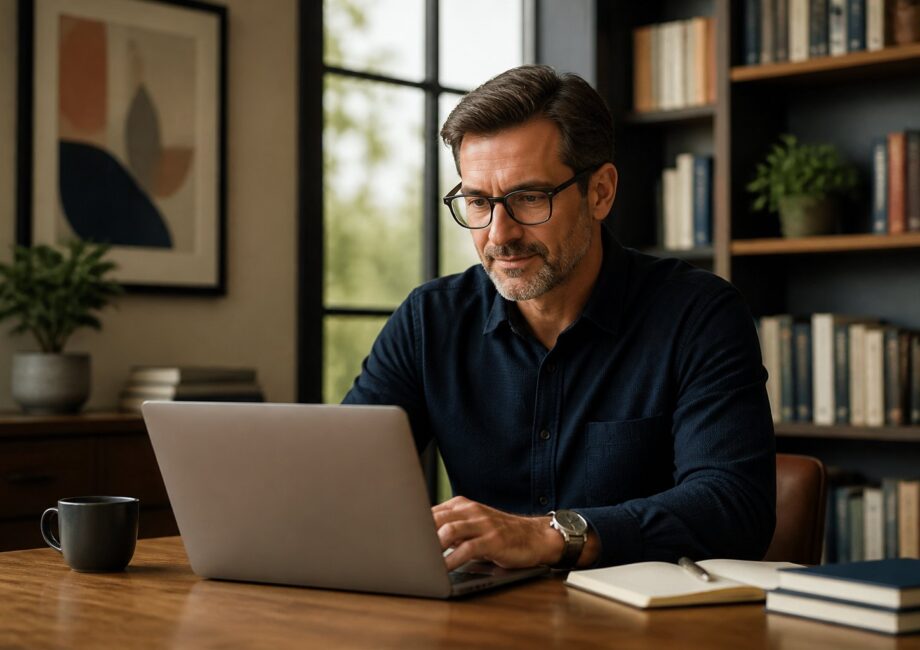 Homem de meia-idade sentado em uma mesa de escritório, olhando para um laptop com livros e plantas ao redor.
