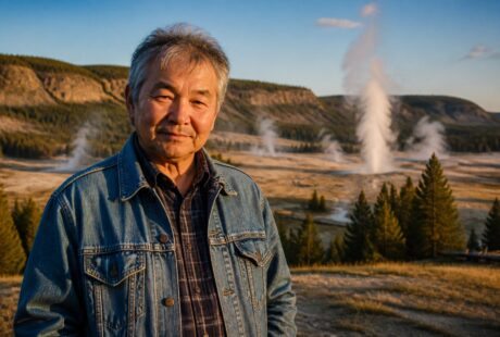 Homem de meia-idade em paisagem natural de Yellowstone com montanhas, florestas e gêiseres ao fundo.