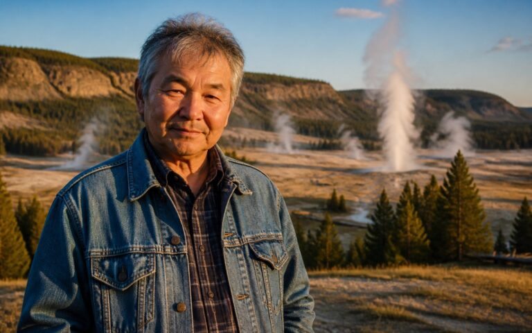 Homem de meia-idade em paisagem natural de Yellowstone com montanhas, florestas e gêiseres ao fundo.