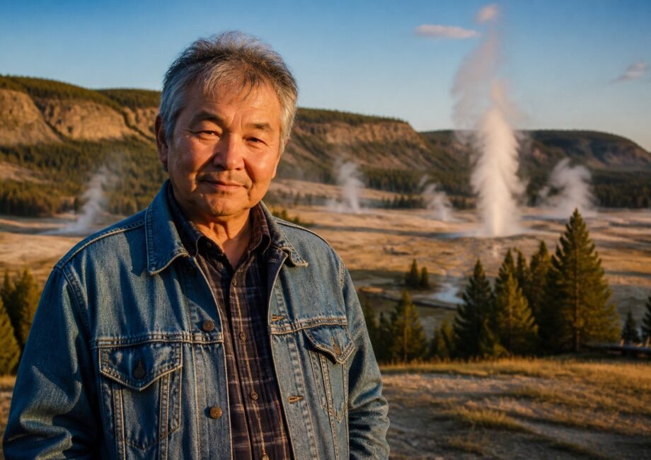 Homem de meia-idade em paisagem natural de Yellowstone com montanhas, florestas e gêiseres ao fundo.