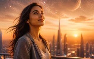 Mulher jovem olhando pensativa para o horizonte ao pôr do sol, com uma cidade futurista e um planeta visível no céu ao fundo.
