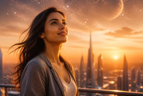 Mulher jovem olhando pensativa para o horizonte ao pôr do sol, com uma cidade futurista e um planeta visível no céu ao fundo.