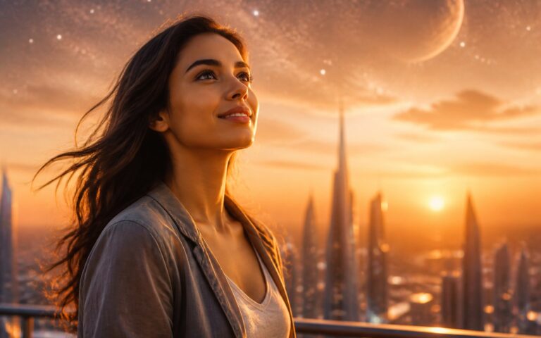 Mulher jovem olhando pensativa para o horizonte ao pôr do sol, com uma cidade futurista e um planeta visível no céu ao fundo.