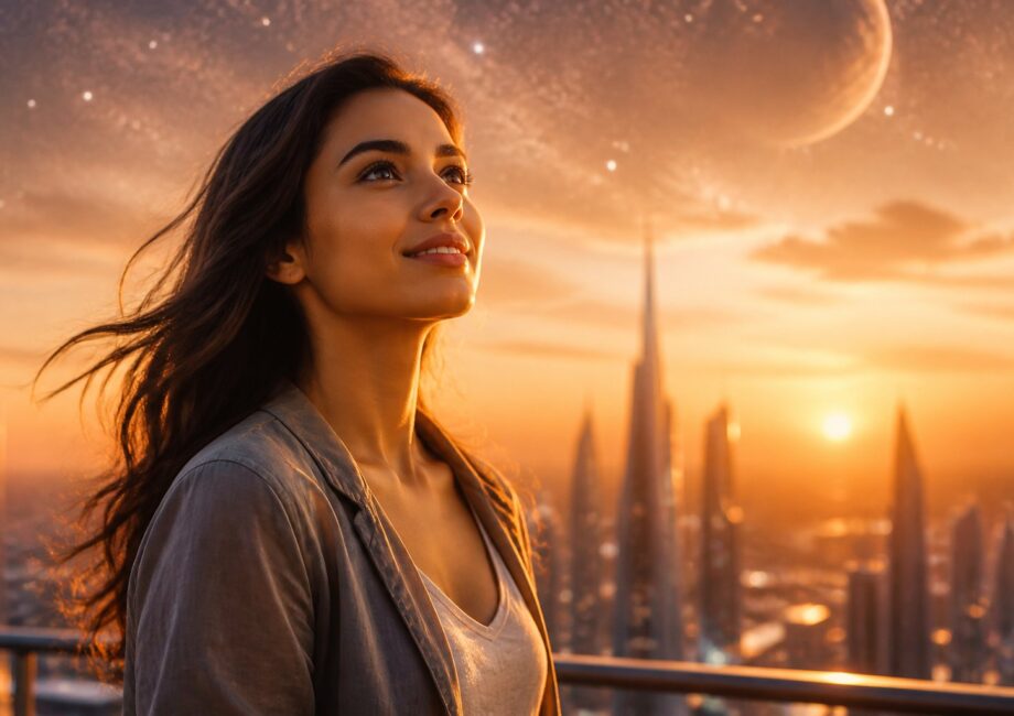 Mulher jovem olhando pensativa para o horizonte ao pôr do sol, com uma cidade futurista e um planeta visível no céu ao fundo.