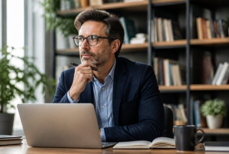 Homem de meia-idade sentado em uma mesa de escritório moderno, com expressão pensativa, usando óculos e roupa social casual.