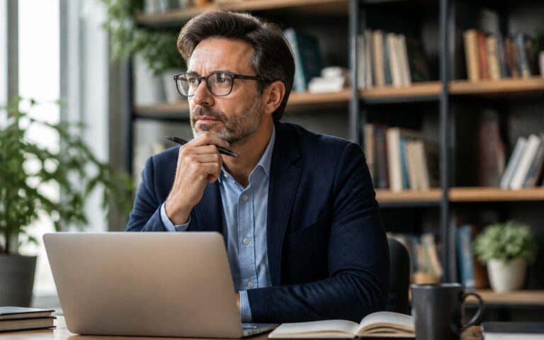 Homem de meia-idade sentado em uma mesa de escritório moderno, com expressão pensativa, usando óculos e roupa social casual.