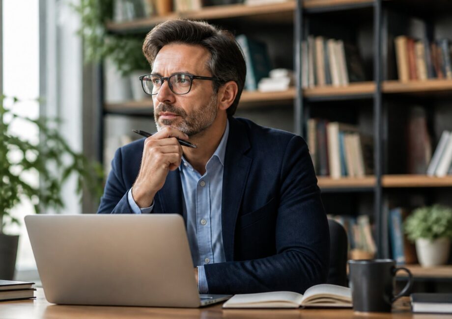 Homem de meia-idade sentado em uma mesa de escritório moderno, com expressão pensativa, usando óculos e roupa social casual.