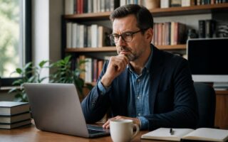 Homem sentado em escritório moderno com prateleiras de livros e equipamentos digitais, olhando para um laptop em uma mesa com cadernos e uma xícara de café.