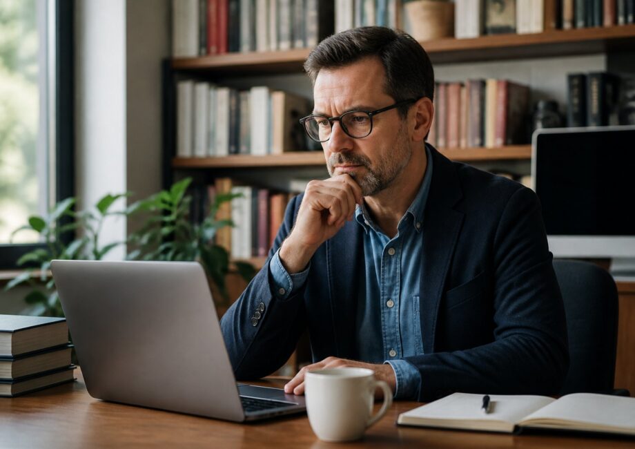 Homem sentado em escritório moderno com prateleiras de livros e equipamentos digitais, olhando para um laptop em uma mesa com cadernos e uma xícara de café.