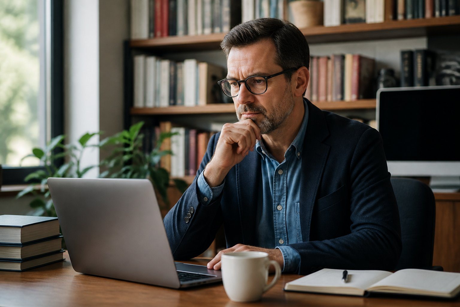 Homem sentado em escritório moderno com prateleiras de livros e equipamentos digitais, olhando para um laptop em uma mesa com cadernos e uma xícara de café.