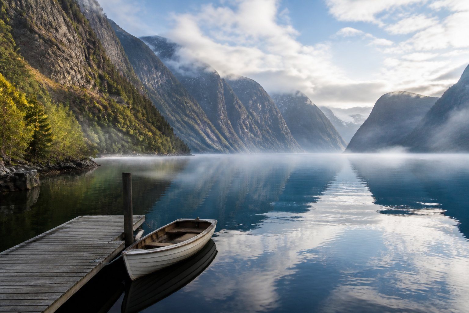 Paisagem de um fiorde na Noruega com penhascos rochosos, árvores verdes, água calma e um barco vazio amarrado a um pequeno cais de madeira.